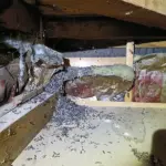 【長野県長野市】天井裏で確認されたアブラコウモリのフン。壁内部から溢れるように落ちており、ねぐらが壁の中にあると推測された状況の写真