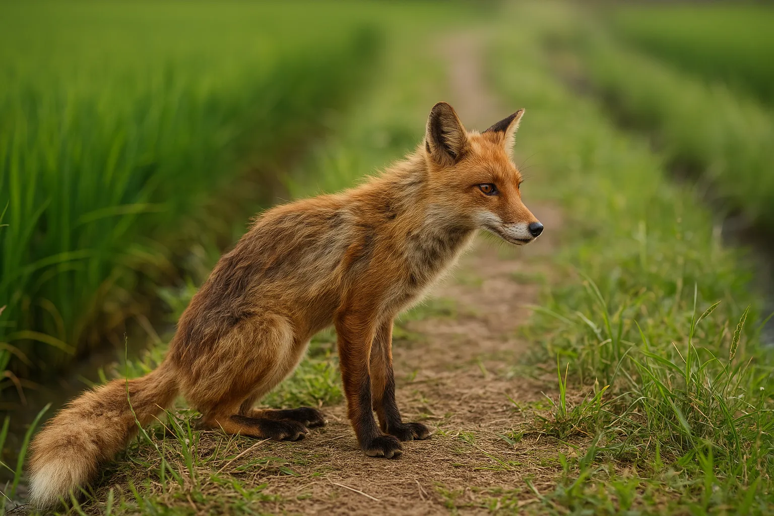 動物の臭い、最前線──キツネのサインに怯えるネズミ、進化が刻んだ本能と忌避剤の現在 2 田んぼの畦道にたたずむ夏毛のホンドギツネ・オスイメージ)