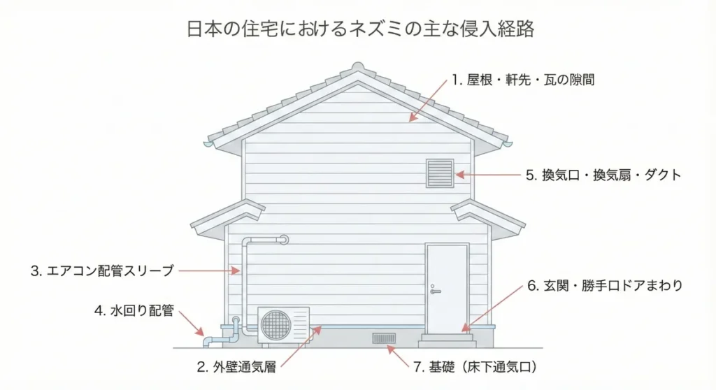 日本の住宅におけるネズミの主な侵入経路を示した構造イメージ図