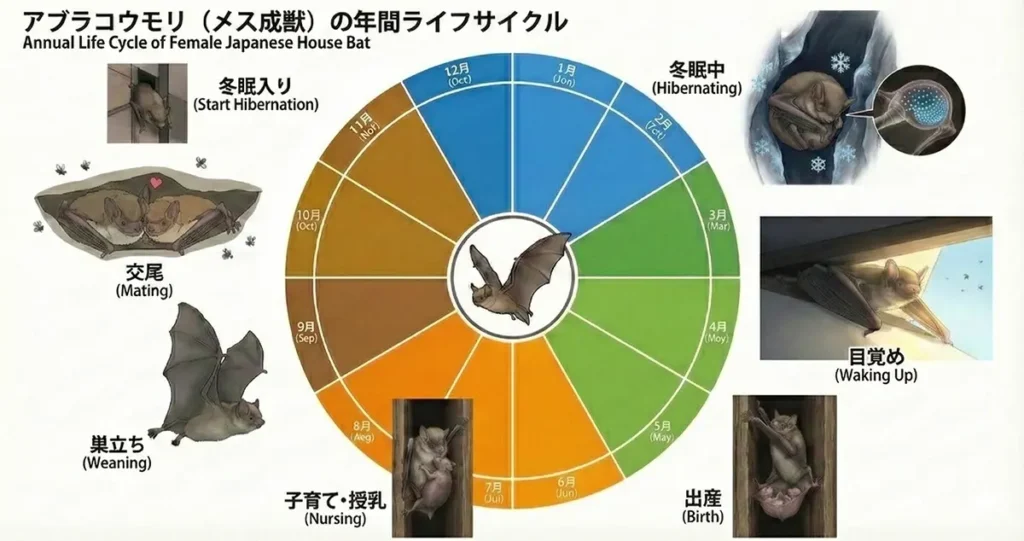 アブラコウモリ(イエコウモリ)の生態|家に来る理由・行動パターン・基本データ 3 アブラコウモリ(メス成獣)の1年間の生活サイクル(冬眠・出産・交尾)を解説したインフォグラフィック・イラスト