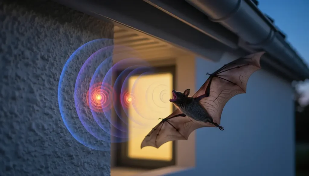 夕暮れ時に建物のスタッコ仕上げの外壁に向かって飛行するコウモリが、口から広がる円弧状の青紫色超音波波紋を放ち、壁の凹凸から橙赤色の渦巻き状反響（エコー）を受け取っている、文字なしのエコーロケーション視覚化イメージ画像。