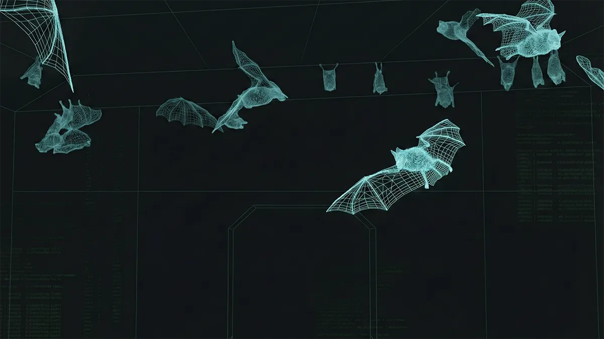 黒背景に青白い線画（ワイヤーフレーム）で描かれた、飛行中や静止中の複数のコウモリのイメージ。コウモリの超音波ソナーによる空間認識をデジタル的に視覚化した様子。