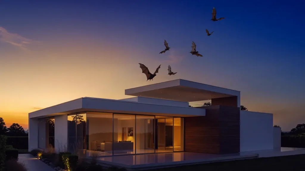 夕暮れ時にモダンな住宅の上空を飛来する複数のコウモリ（イメージ）