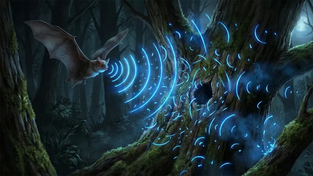 夜の密林を飛ぶコウモリが発するソナーが、青く光る同心円状のリングとして可視化されているイメージ画像。音波が古い大木の荒い樹皮に当たり、複雑に乱反射しながら、中央にある暗い樹洞の入り口を照らし出している様子を描いたコンセプトアート。