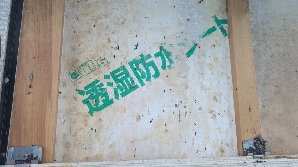 コウモリの臭い・匂いは情報の記憶だった|なぜ毎日糞掃除しても戻るのか?論文から紐解く理由と対策 33 外壁を剥がして露出した住宅内部の通気層と透湿防水シートの写真。シート全体にコウモリの黒い糞が散乱し、広範囲にわたって茶色いアブラ汚れ(ラビングサイン)と尿が染み付いている様子。