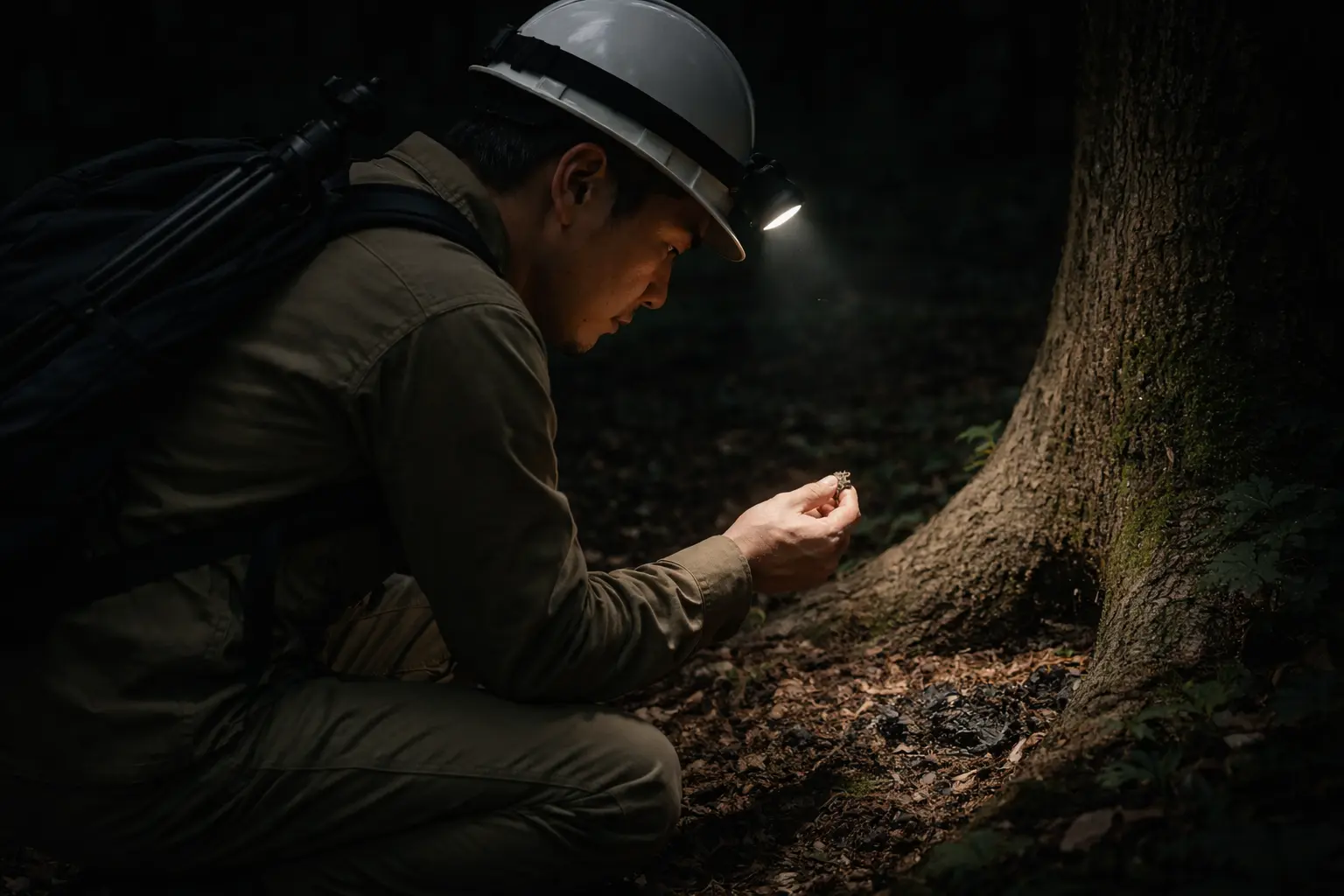 森の中で野生動物の痕跡を調査する男のファーストビュー画像