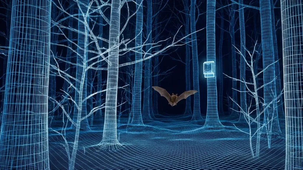 茶色のコウモリが飛んでおり、右側の木には同じくワイヤーフレームで描かれた巣箱が取り付けられているイメージ。