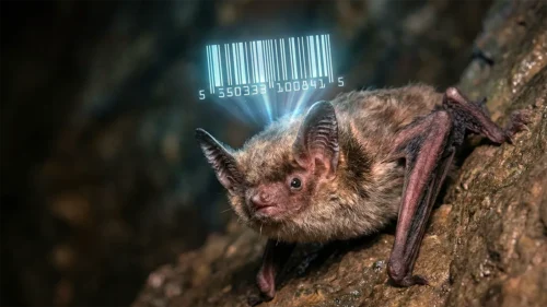 暗い洞窟の岩壁に止まっている1頭のベヒシュタインホオヒゲコウモリ。その頭上には、青白く発光するデジタルバーコードが浮かび上がり、個体識別情報が可視化されているイメージ。