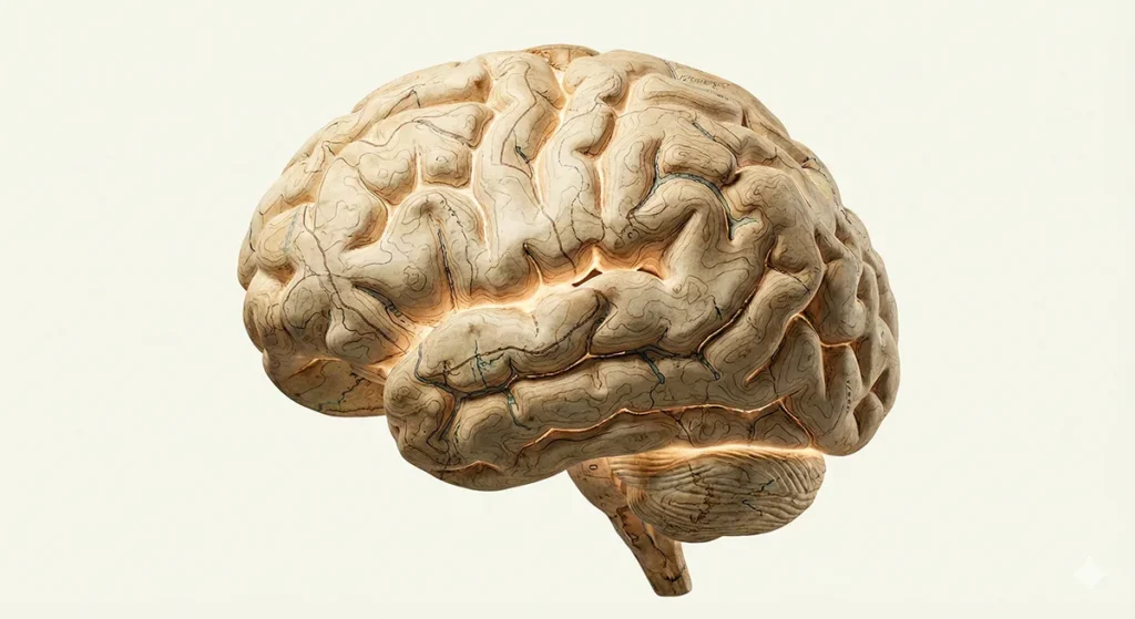 脳全体が内部から温かい光を放っており、セピア色のヴィンテージな質感が強調されている脳のイメージ画像。