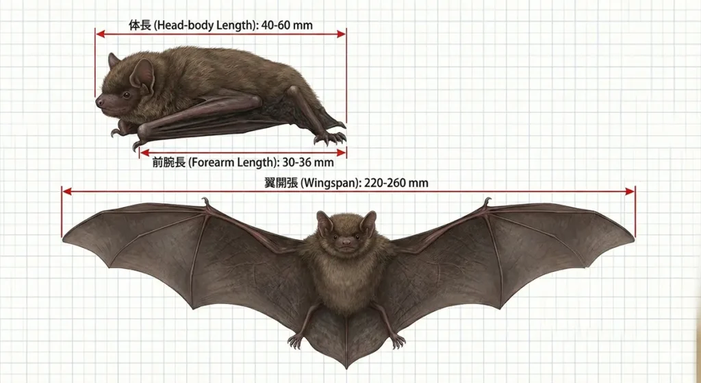 アブラコウモリ(イエコウモリ)の生態|家に来る理由・行動パターン・基本データ 1 アブラコウモリの体長(40-60mm)、前腕長(30-36mm)、翼開張(220-260mm)の平均的なサイズを解説する計測図解イラスト。