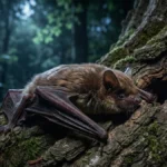 夜の古いオークの木の粗い樹皮の上をゆっくりと這い、鼻先で樹洞の入り口を探している大きな茶色のコウモリ。背景には月明かりに照らされた森が広がる、フォトリアルな野生動物写真スタイルのイメージ画像。