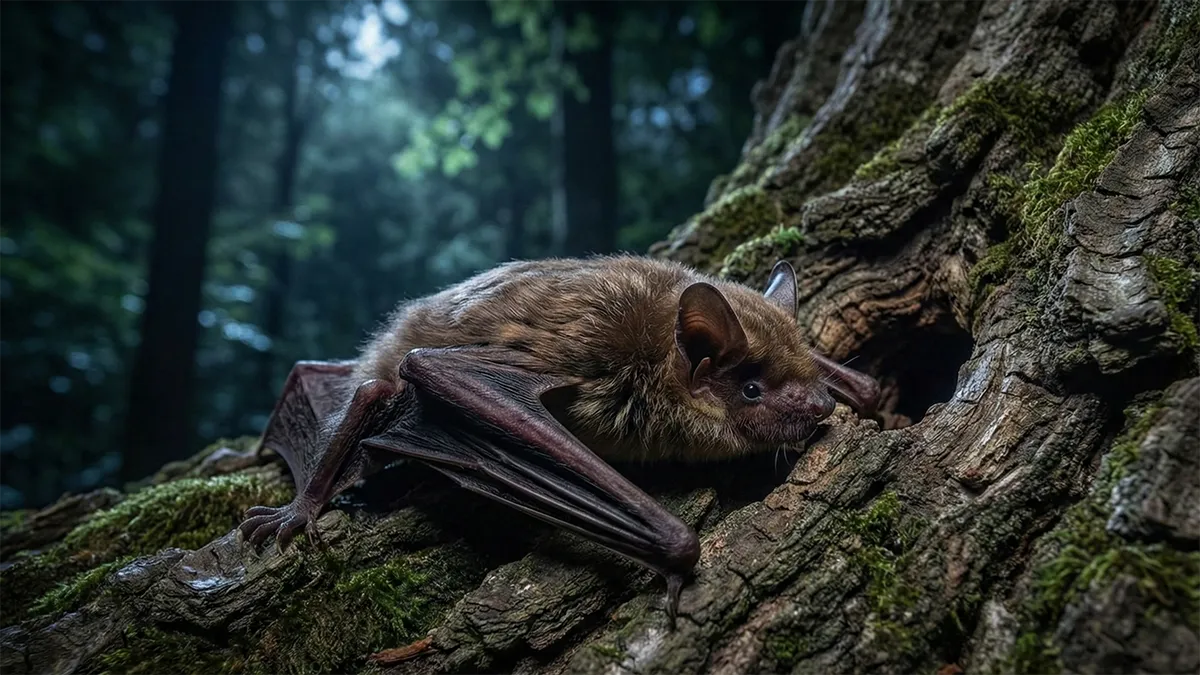 夜の古いオークの木の粗い樹皮の上をゆっくりと這い、鼻先で樹洞の入り口を探している大きな茶色のコウモリ。背景には月明かりに照らされた森が広がる、フォトリアルな野生動物写真スタイルのイメージ画像。