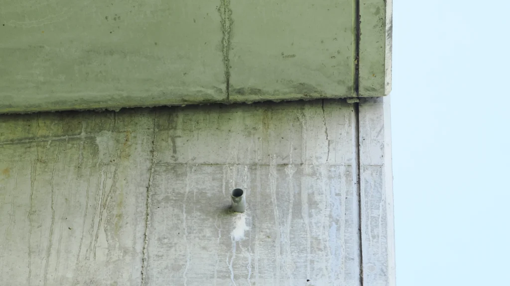 長野市にある新幹線高架橋を下から見上げた写真。コンクリートの構造物にある細い隙間が垂直に伸びており、都市部におけるコウモリの生息ポイントとなっている様子。