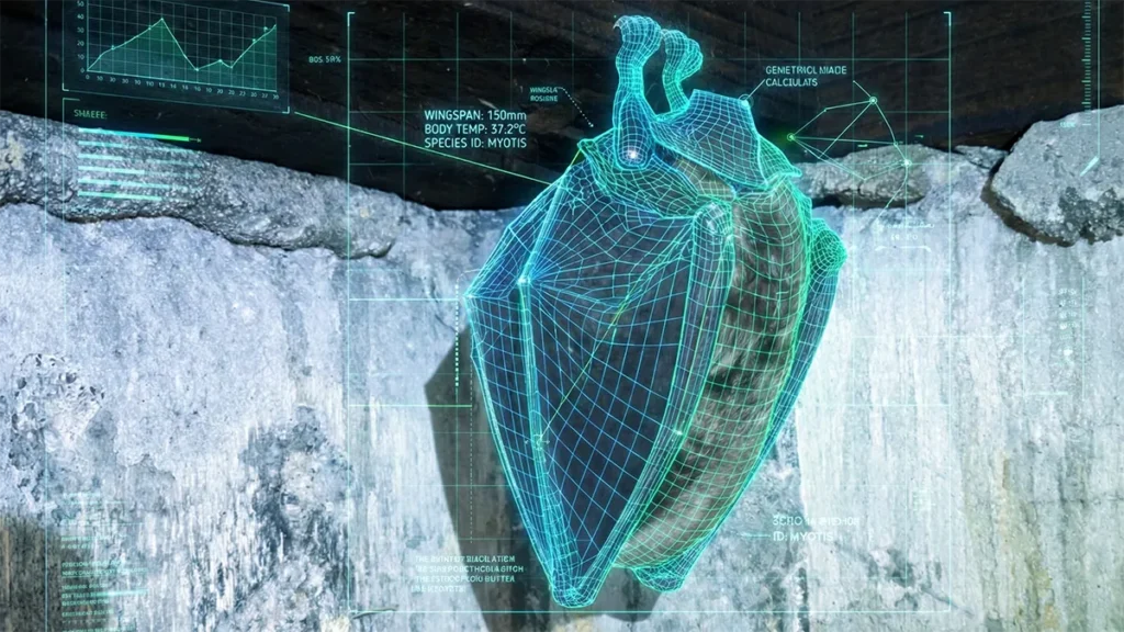 長野県立科町の石壁にぶら下がるキクガシラコウモリの一次情報写真に、水色のAIワイヤーフレームと分析データが重ね合わされた解析イメージ