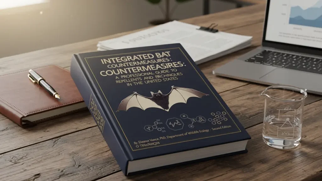 木製のデスクに置かれた、紺色のハードカバーのコウモリ対策専門書。表紙にはコウモリのイラストと技術的な図解があり、周囲には論文やビーカー、ノートパソコンが配置されている。専門的で信頼性の高い研究環境を表現したイメージ画像。