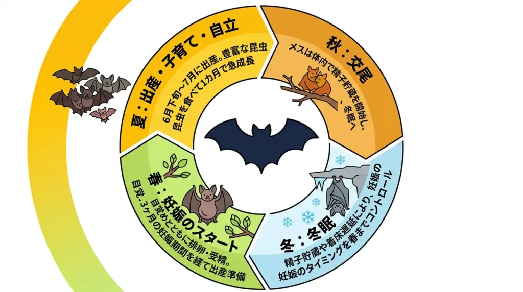 コウモリの年間繁殖サイクル：秋の交尾と精子貯蔵、冬の冬眠、春の妊娠開始、夏の出産と子育ての循環図