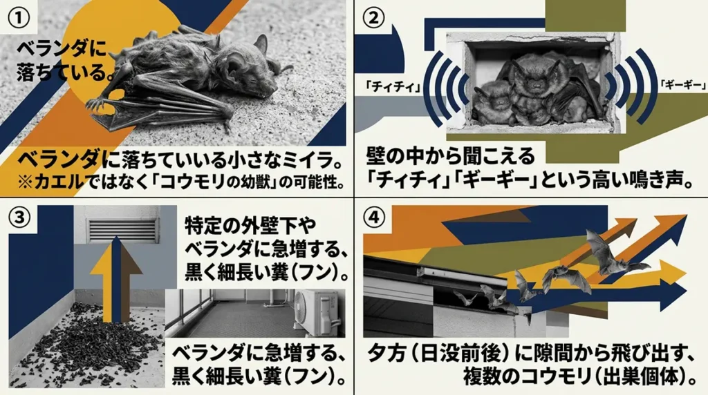 建物の出産哺育コロニーを確認する4つの兆候（幼獣のミイラ化した死骸、壁内からの高い鳴き声、集中的に堆積した糞、日没時の複数個体の飛び出し）の図解