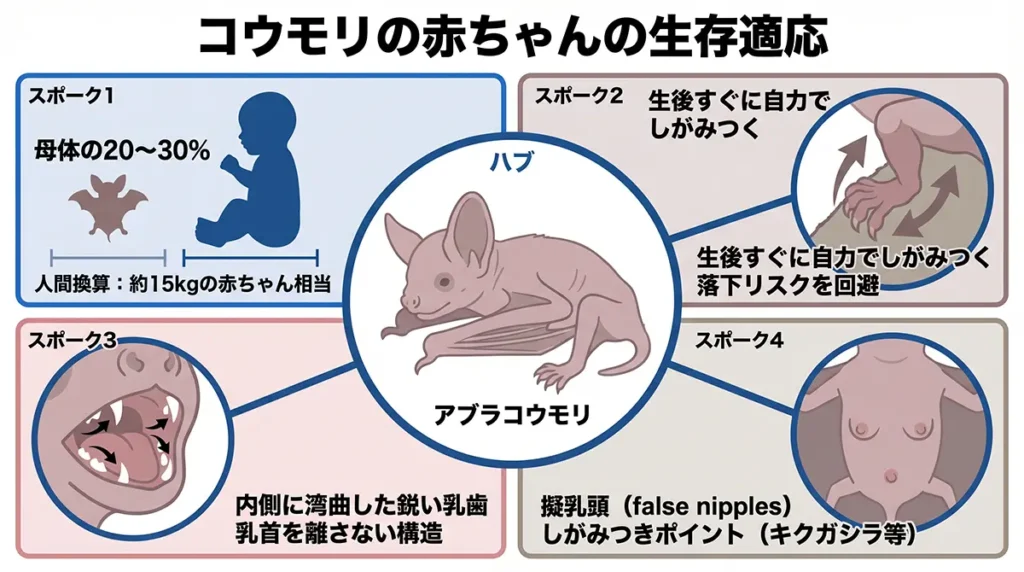 アブラコウモリの幼獣に見られる生存適応：巨大な出生体重、発達した後足、湾曲した乳歯、擬乳頭といった解剖学的特徴の解説図
