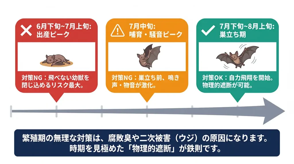 コウモリの侵入防止対策（物理的遮断）が可能な時期と不可能な時期を示す判定カレンダー。6月から7月の繁殖期は生き埋めリスクのため対策不可。
